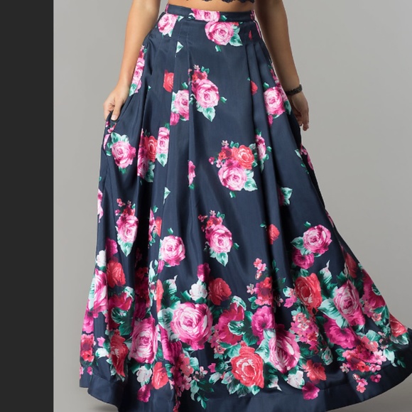 Sequin Hearts Dresses & Skirts - Floral-Print Navy Blue Satin Skirt